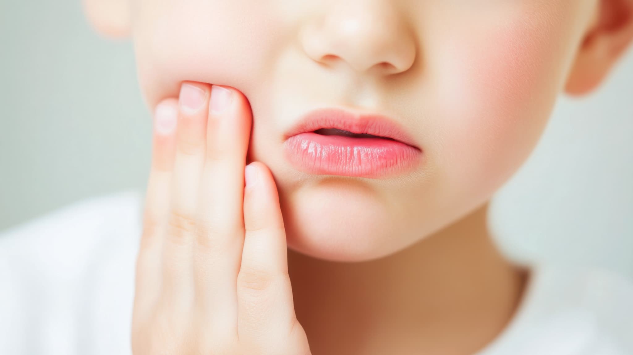 歯ぐきが気になって頬を押さえる子ども