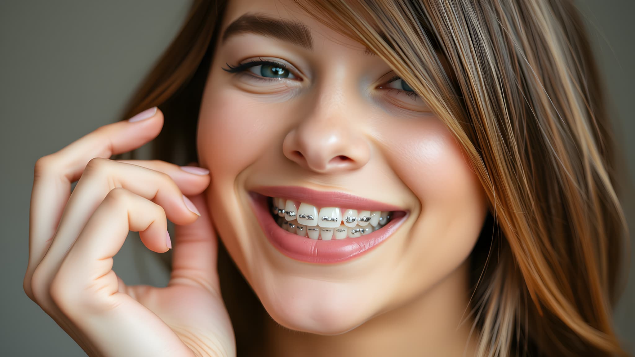 ワイヤー矯正をしている笑顔の女性