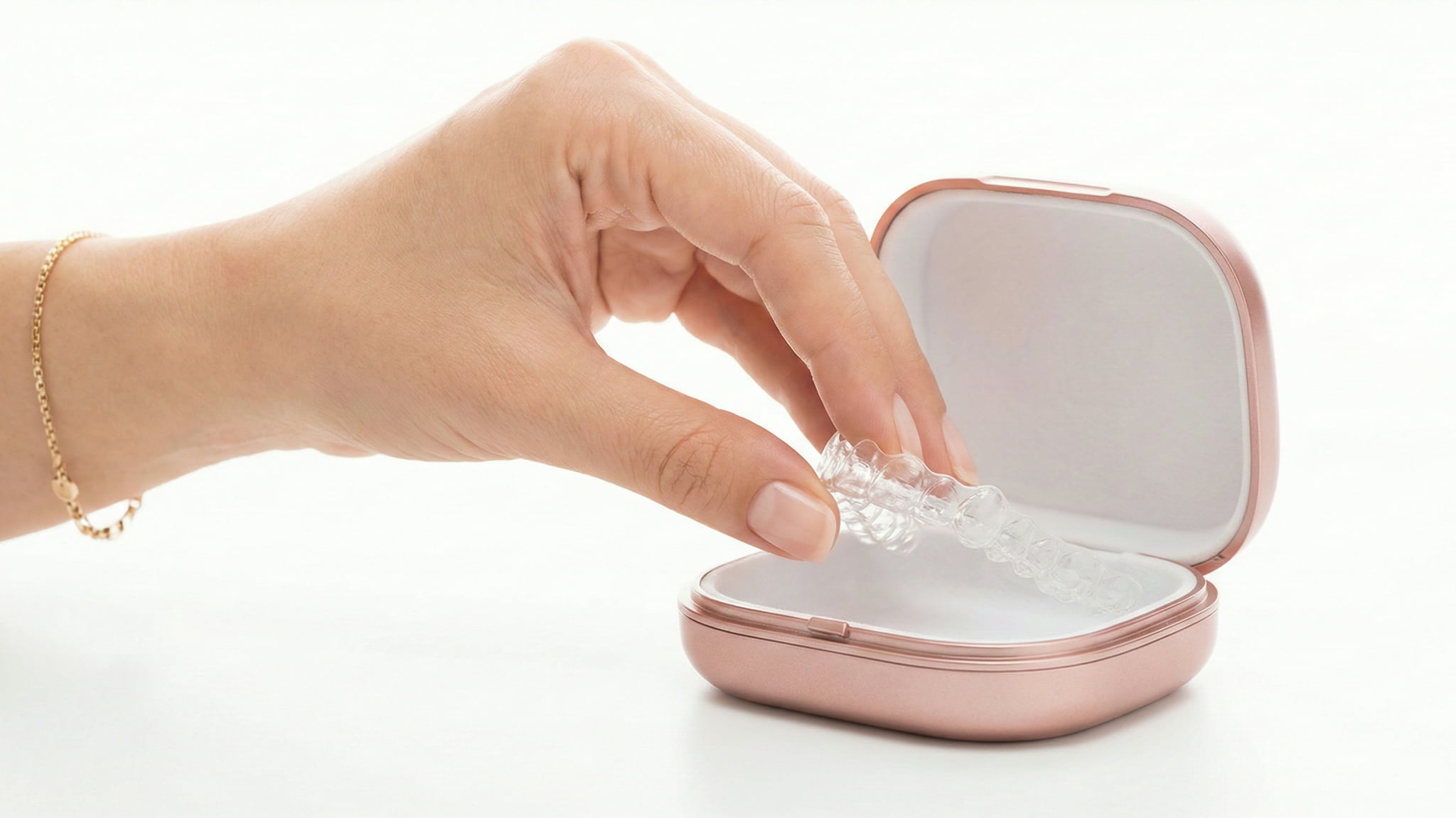 外食時にマウスピースを外して専用ケースにしまう手